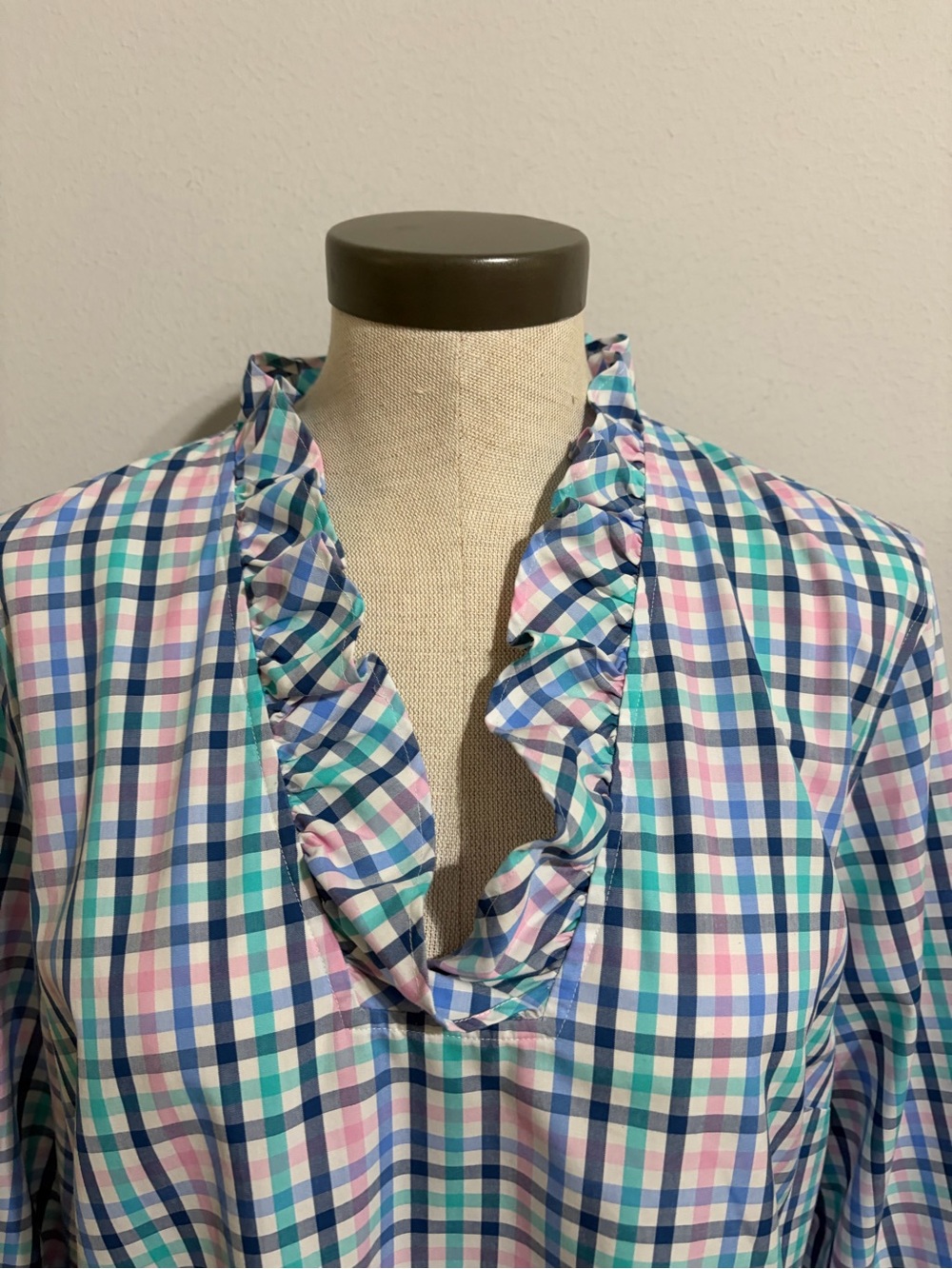 Talbots Blue Pink Plaid Ruffled Collar Tunic Gingham Popover Preppy Size 16 - Picture 6 of 8